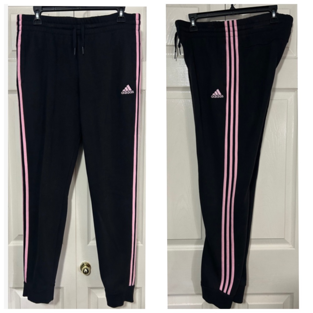 Adidas, Youth Size 16-18 Large Black Joggers with Pink Stripes